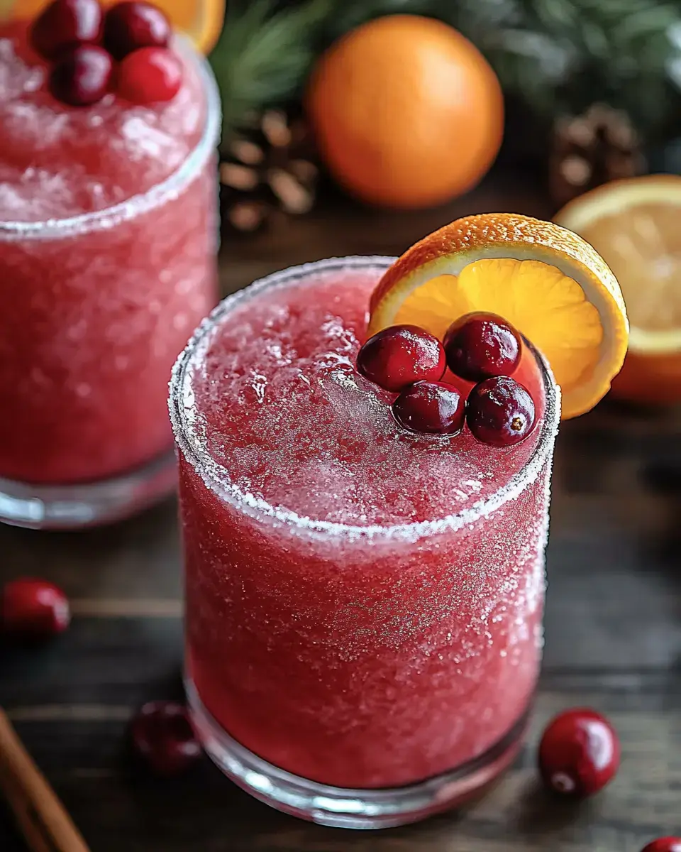 Two icy, bright red drinks topped with cranberries and oranges, with pinecones and oranges nearby on a wooden table.