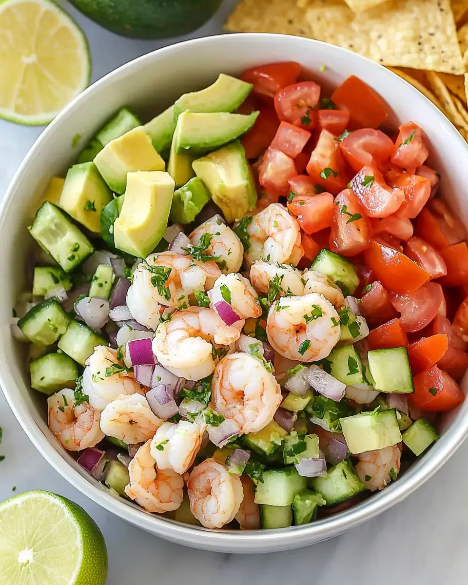 Shrimp with avocado, cucumber, tomato, and herbs in a bowl, plus lime and chips on the side.