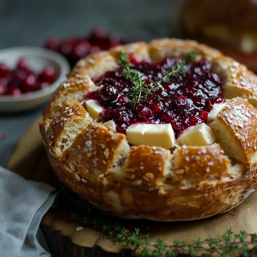 Creamy cheese and cranberry sauce fill a crusty bread round, topped with fresh thyme, with cranberries scattered nearby.