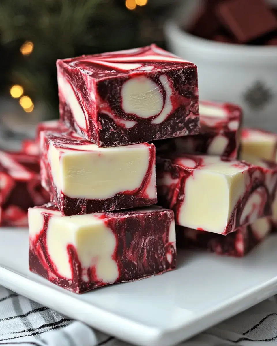 Close shot of pretty red and white fudge squares stacked on a plate, showing off their colorful swirls.
