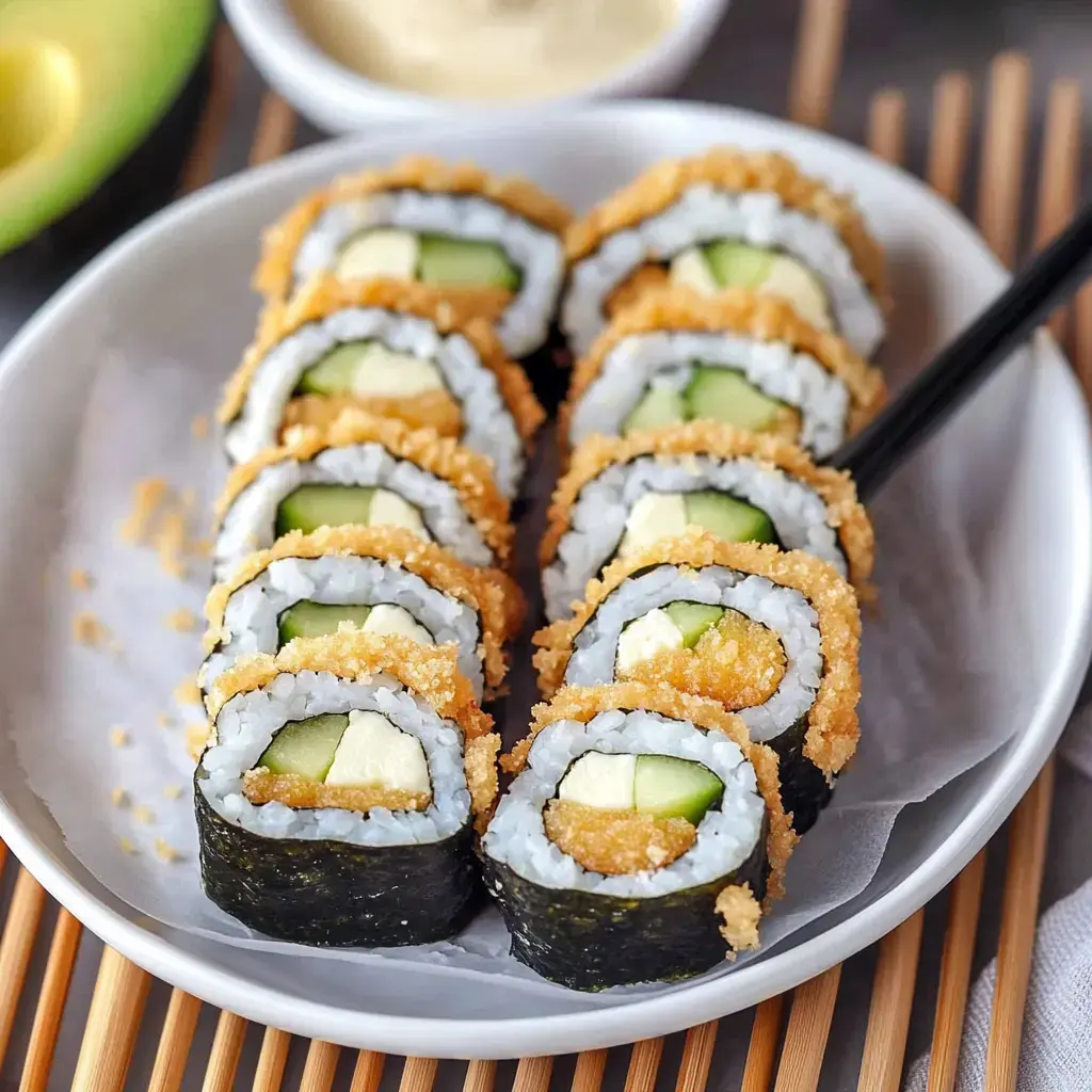Crunchy sushi rolls stuffed with avocado and cucumber, topped with crispy breadcrumbs, on a plate.