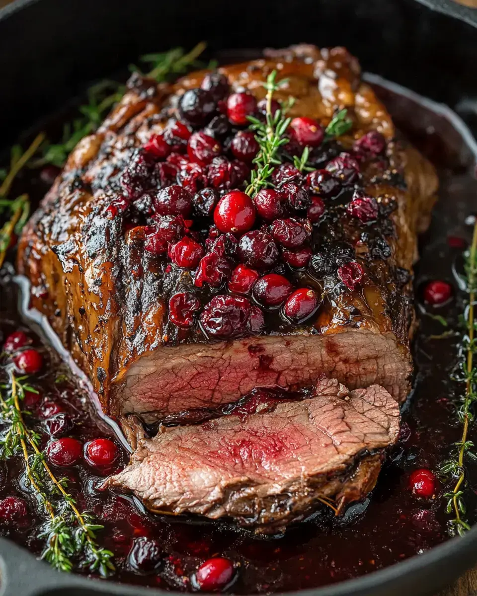 A juicy beef roast covered with cranberries and herbs, sitting in a deep red sauce.