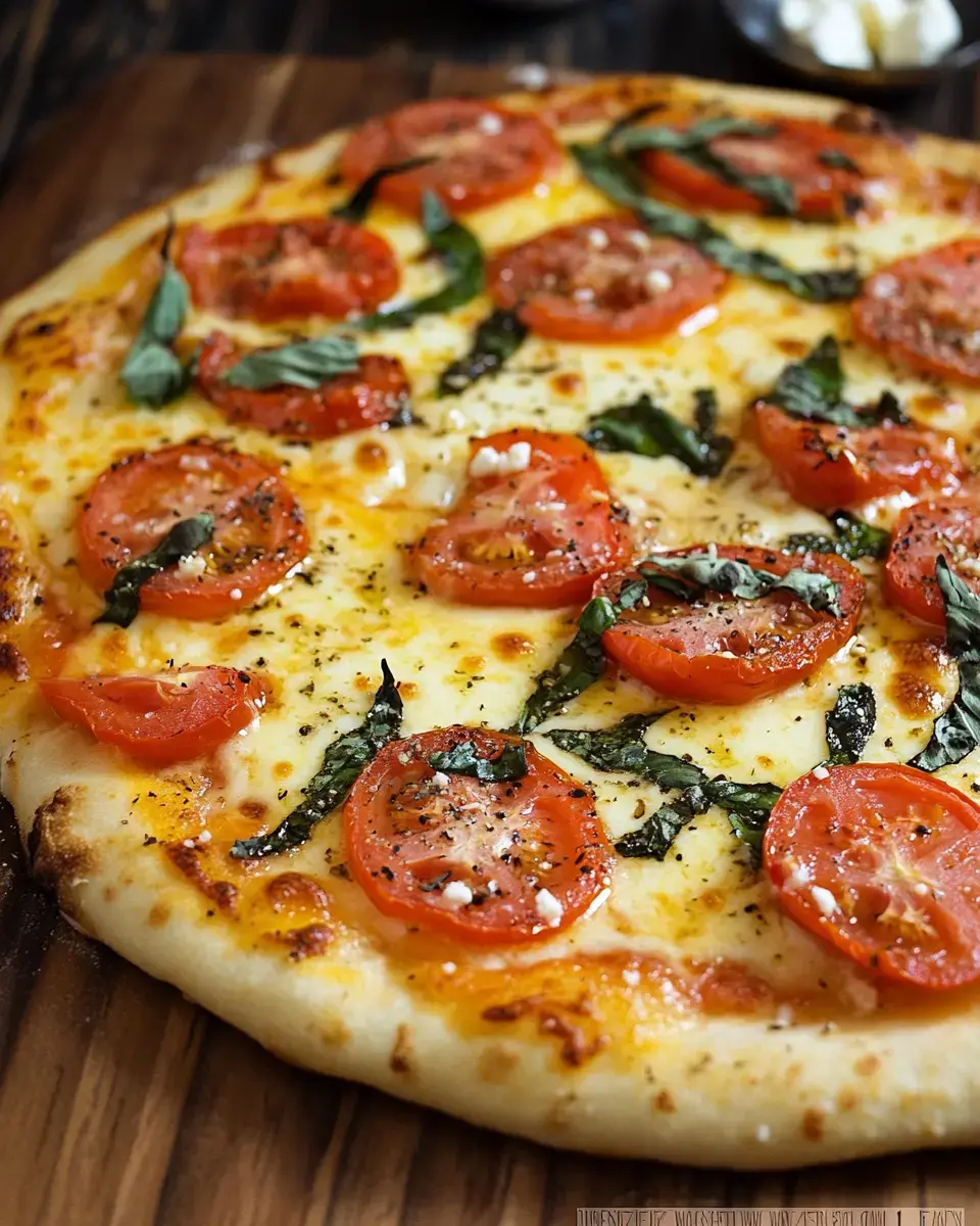 A hot pizza covered with tomato slices, green basil, and a mix of herbs sitting on a wooden pizza board.