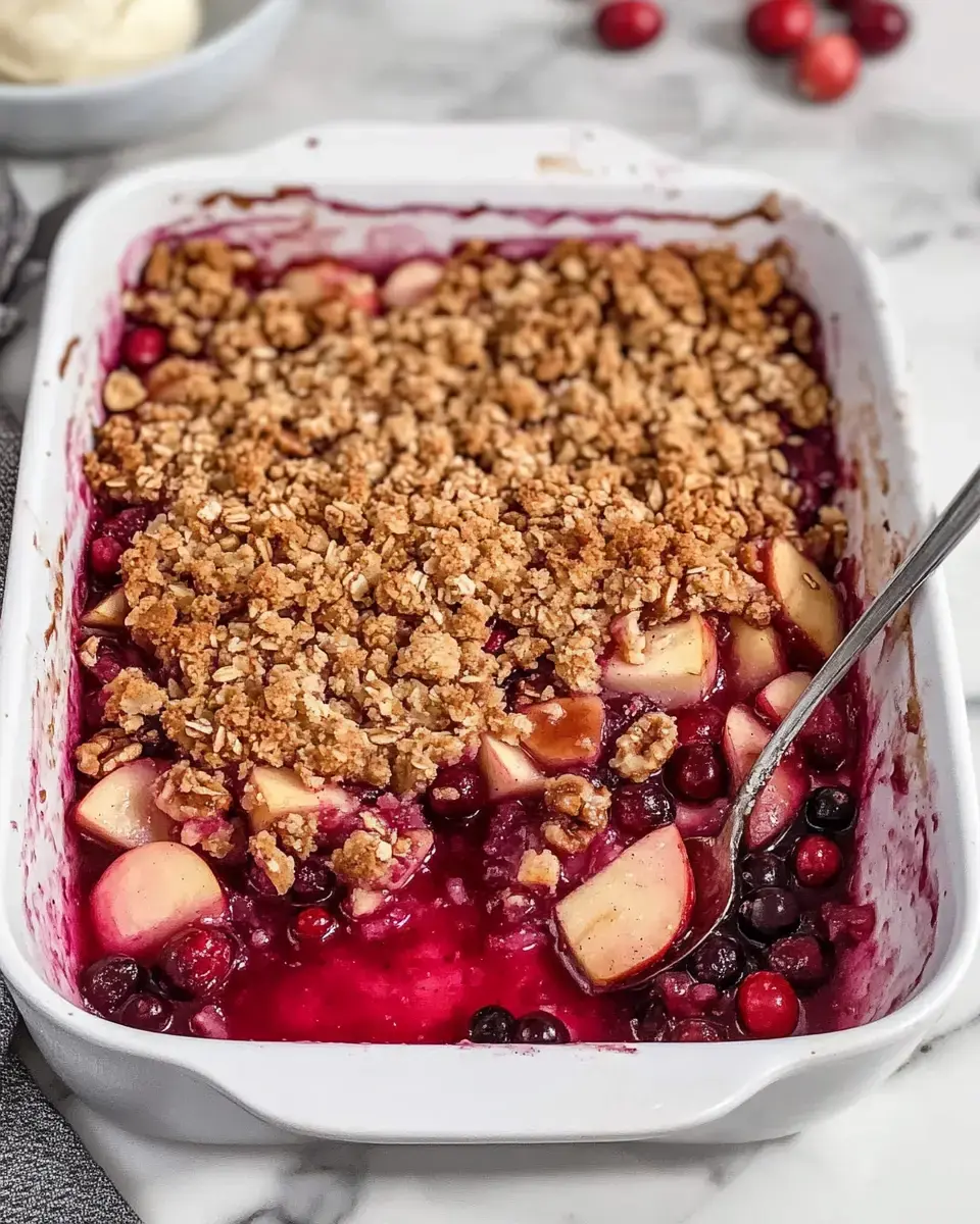 Apple and cranberry dessert with a toasted, crumbly layer, shown in a white dish on marble.