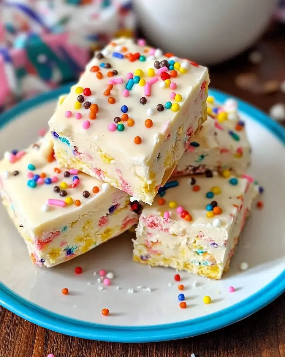 A plate stacked with lively, frosted dessert bites scattered with colorful toppings.