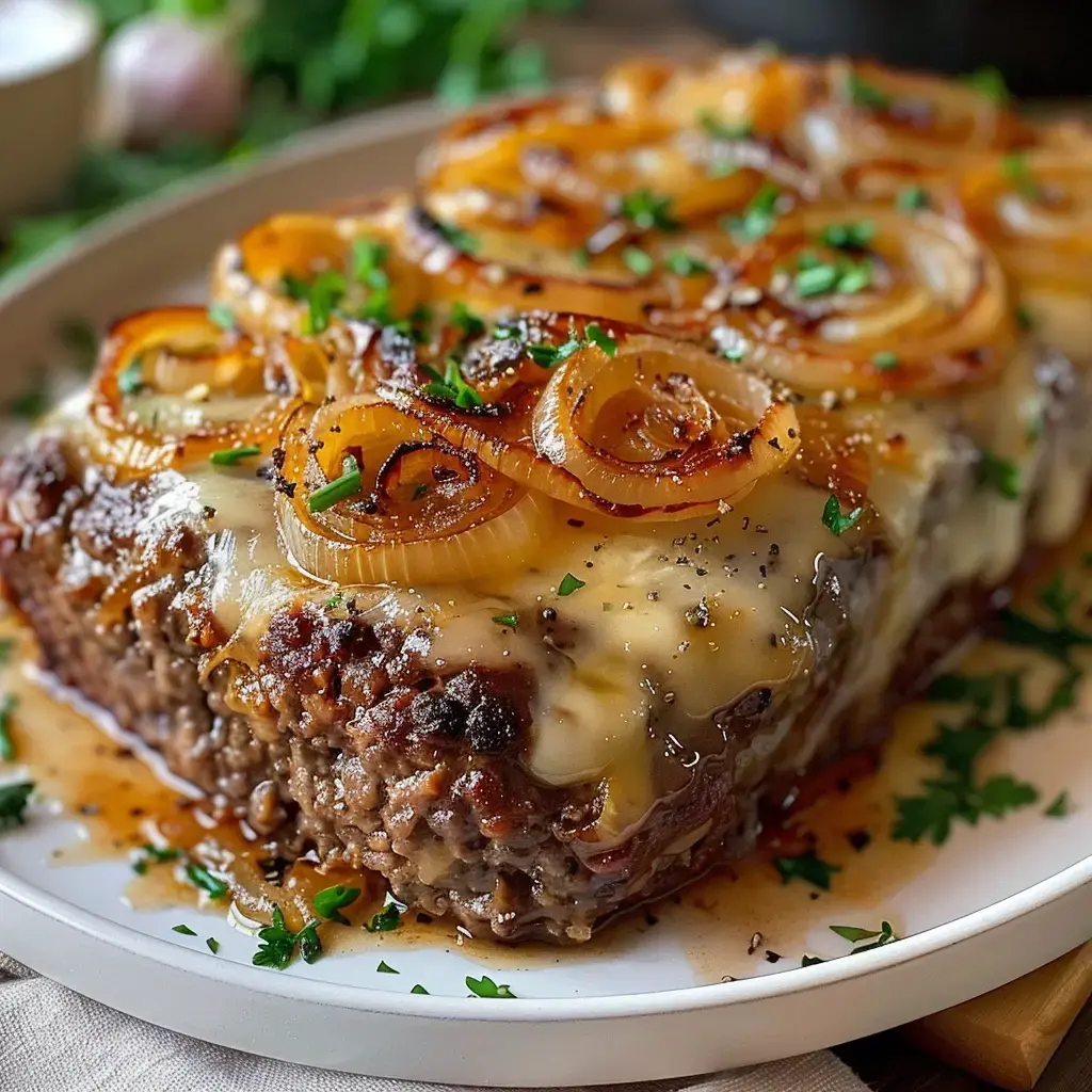 Juicy meatloaf loaded with melted cheese and golden onions, finished with parsley, on a classic white plate.
