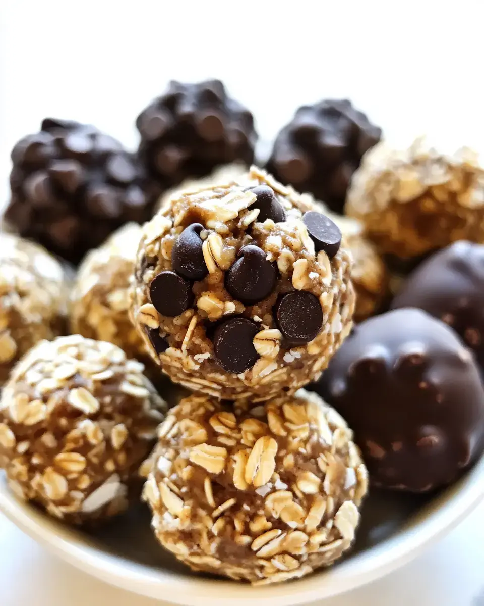 A bowl filled with homemade chocolate oat energy balls and chocolate-covered snacks shown in detail.