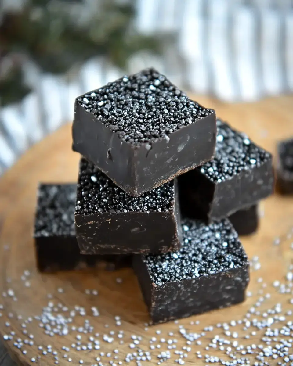 A pile of glossy black fudge blocks with glittering sprinkles on a wood board.