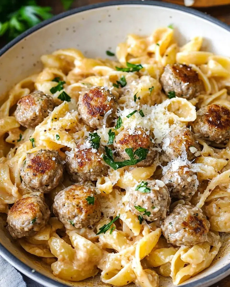 Pasta shells in a creamy sauce with golden brown meatballs, parsley, and cheese on top in a bowl.