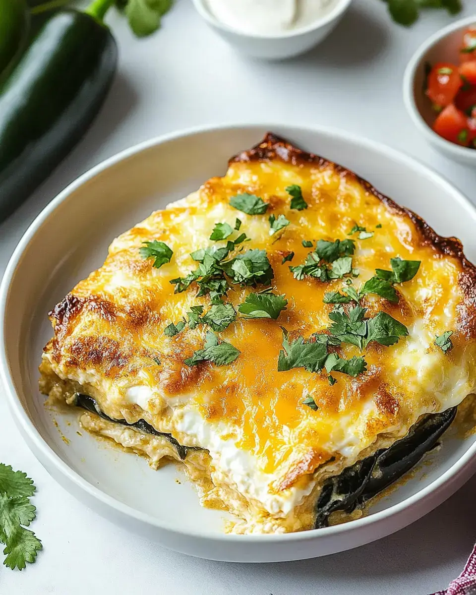 A slice of creamy enchilada casserole topped with melted cheese and fresh cilantro, served in a white bowl alongside salsa and sour cream.