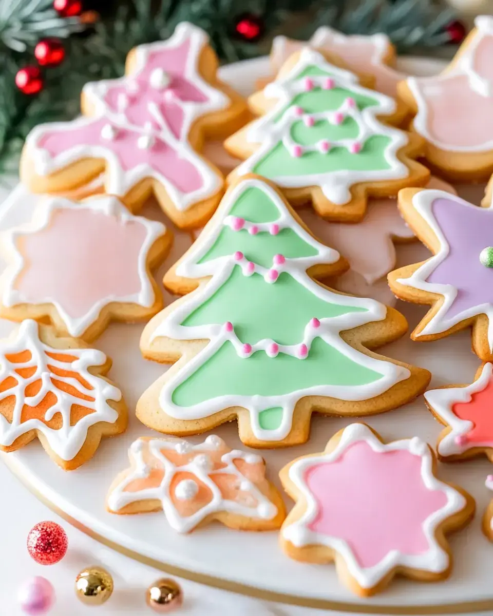 Holiday cookies on a plate, shaped like trees, snowflakes, and leaves, all pastel and finely iced.