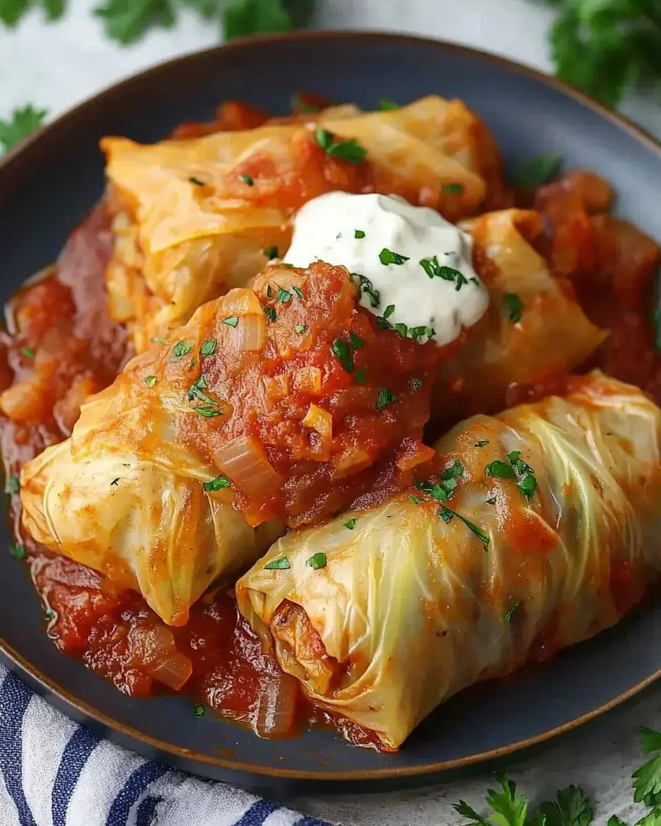 Stuffed cabbage rolls on a white plate, topped with tomato sauce, a swirl of sour cream, and a sprig of parsley.