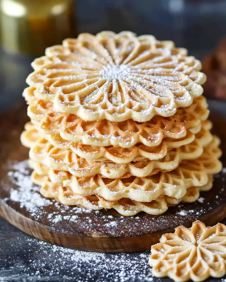 Several thin, patterned cookies with powdered sugar on a wooden plate.