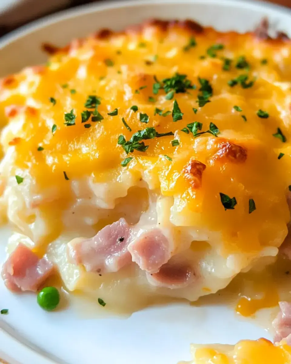 Cheesy casserole close-up with gooey cheddar, chopped parsley, slices of ham, and green peas on top.