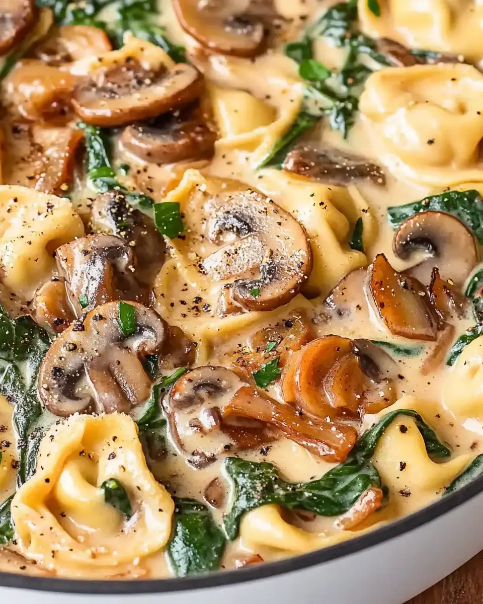 A smooth pasta meal with tortellini, cooked mushrooms, and wilted spinach, topped with black pepper.