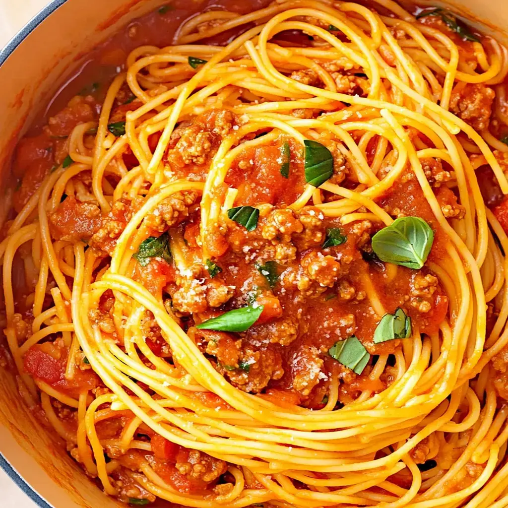 A steaming plate of spaghetti coated in rich meat sauce with fresh basil leaves scattered on top.