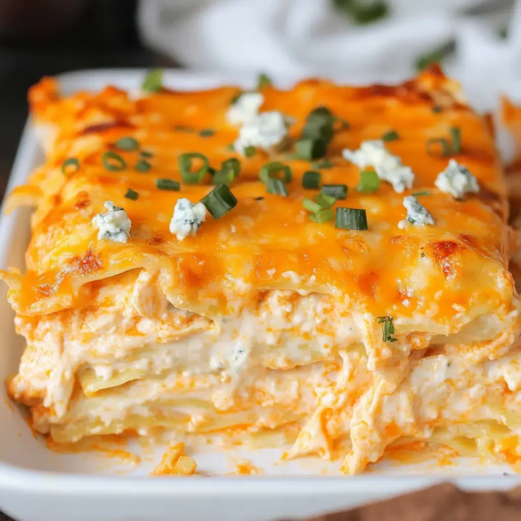 A close-up view of a slice of cheesy lasagna topped with green onions and crumbled blue cheese.