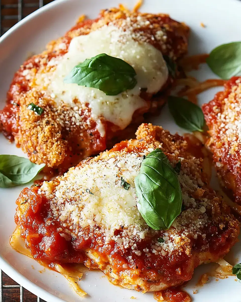 A plate of baked chicken covered in marinara sauce, melted cheese, and topped with fresh basil leaves.