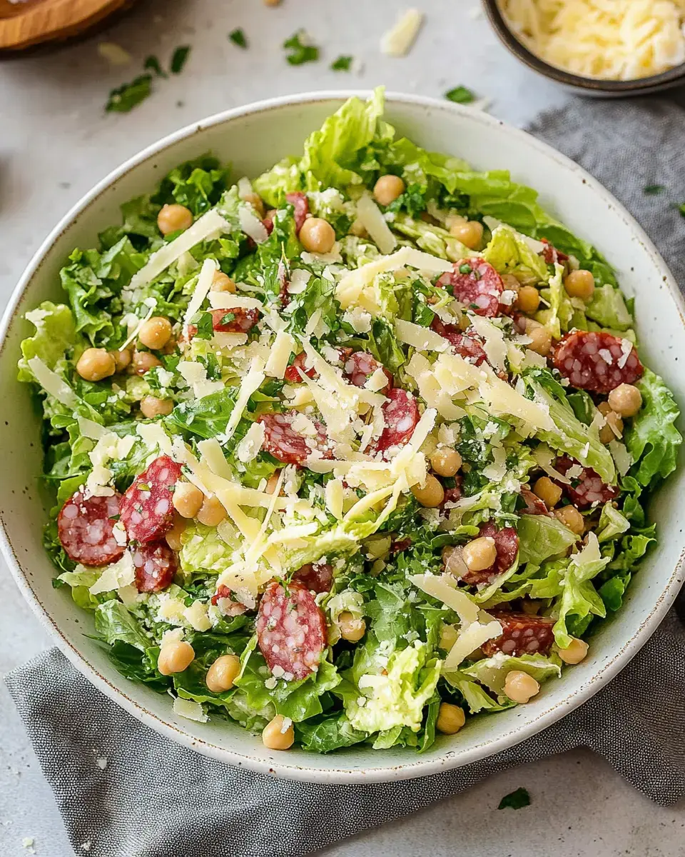 A colorful bowl filled with chopped romaine, plump chickpeas, thin salami slices, and sprinkled cheese, topped with herbs for garnish.