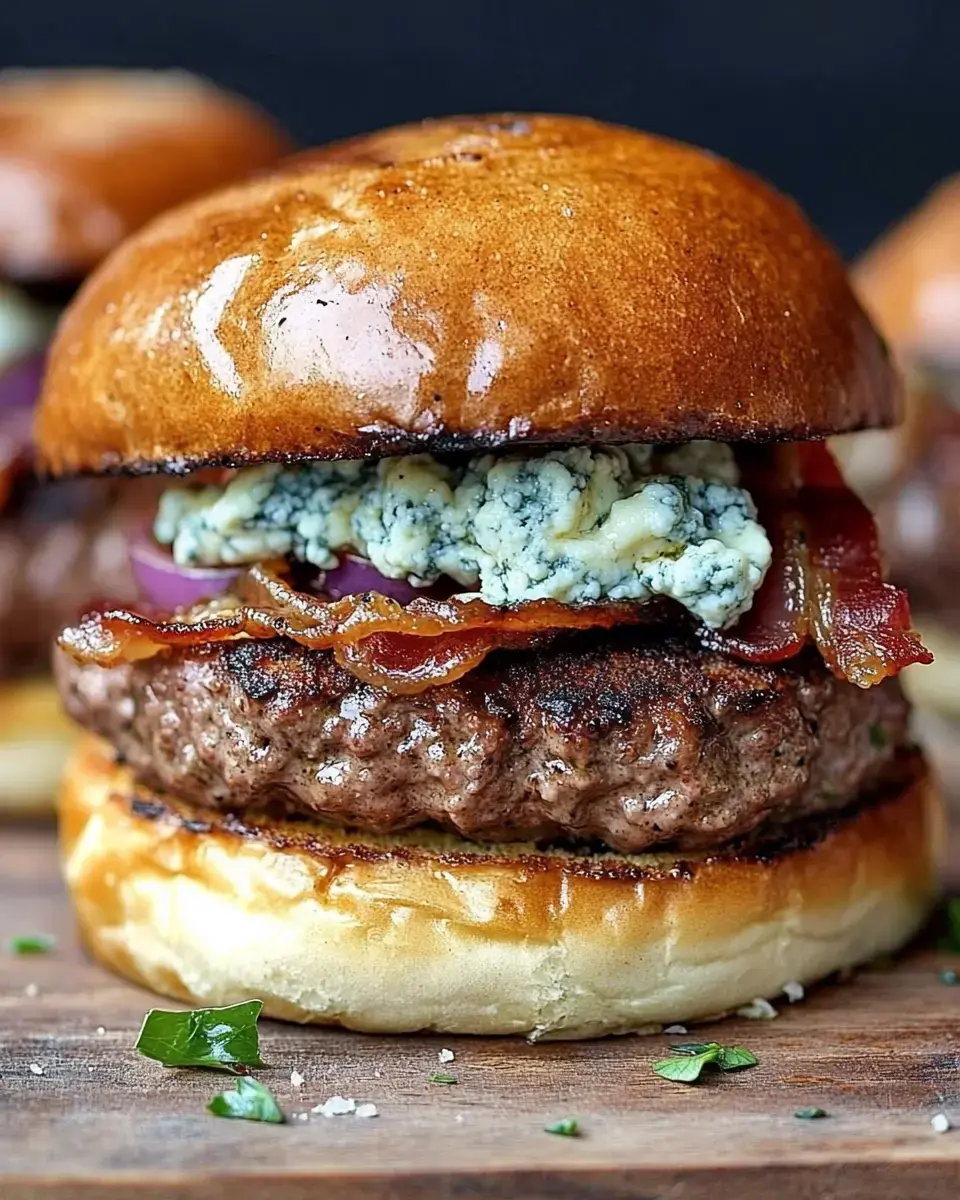 A plump burger with blue cheese topping, crispy bacon strips, and red onion slices on a golden brioche roll.