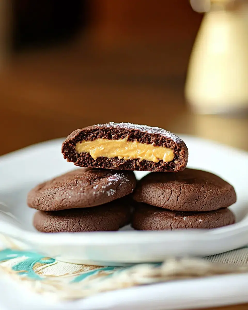 A chocolate cookie split open showing its creamy peanut butter center, with additional cookies stacked on a plate nearby.
