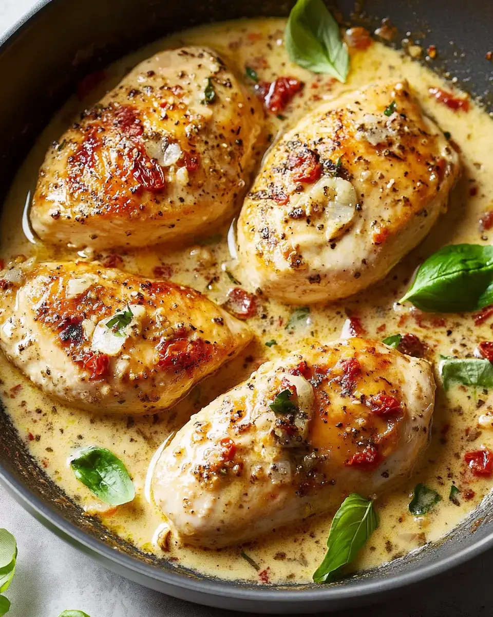 Four chicken breasts in a creamy sauce with sun-dried tomatoes and fresh basil.