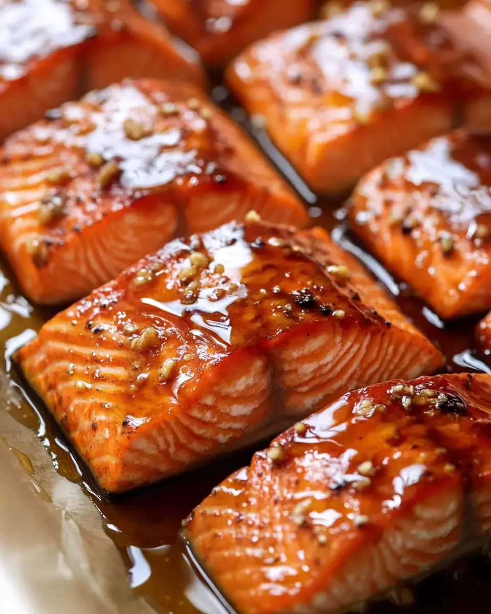 A zoomed-in shot of salmon fillets fresh from the grill with glossy glaze and bits of chopped garlic on top.