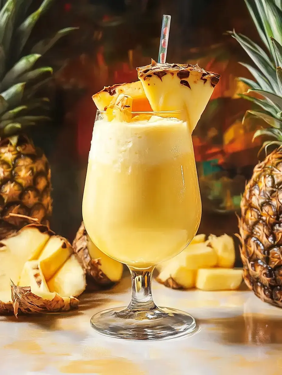 A colorful glass filled with pineapple drink sits adorned with a fresh pineapple slice while chunks of juicy pineapple rest nearby.