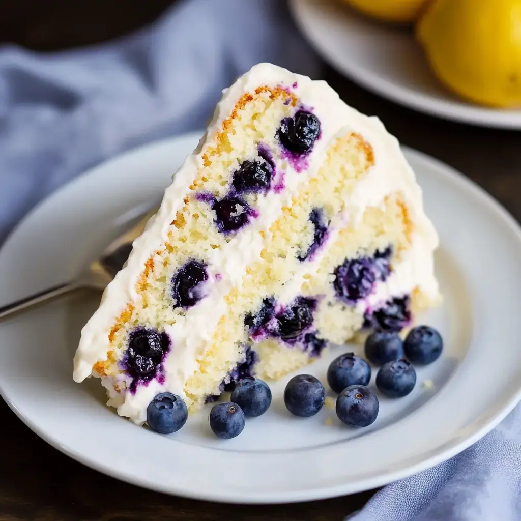 A blueberry cake slice with creamy frosting rests on a plate, with scattered fresh blueberries and a soft blue napkin visible behind it.
