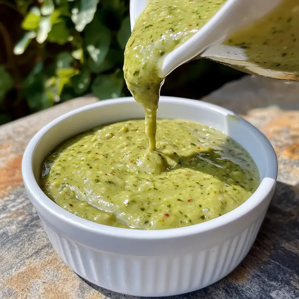 A spoon is pouring green sauce into a white bowl filled with a creamy, textured mixture, set against a rustic stone background.