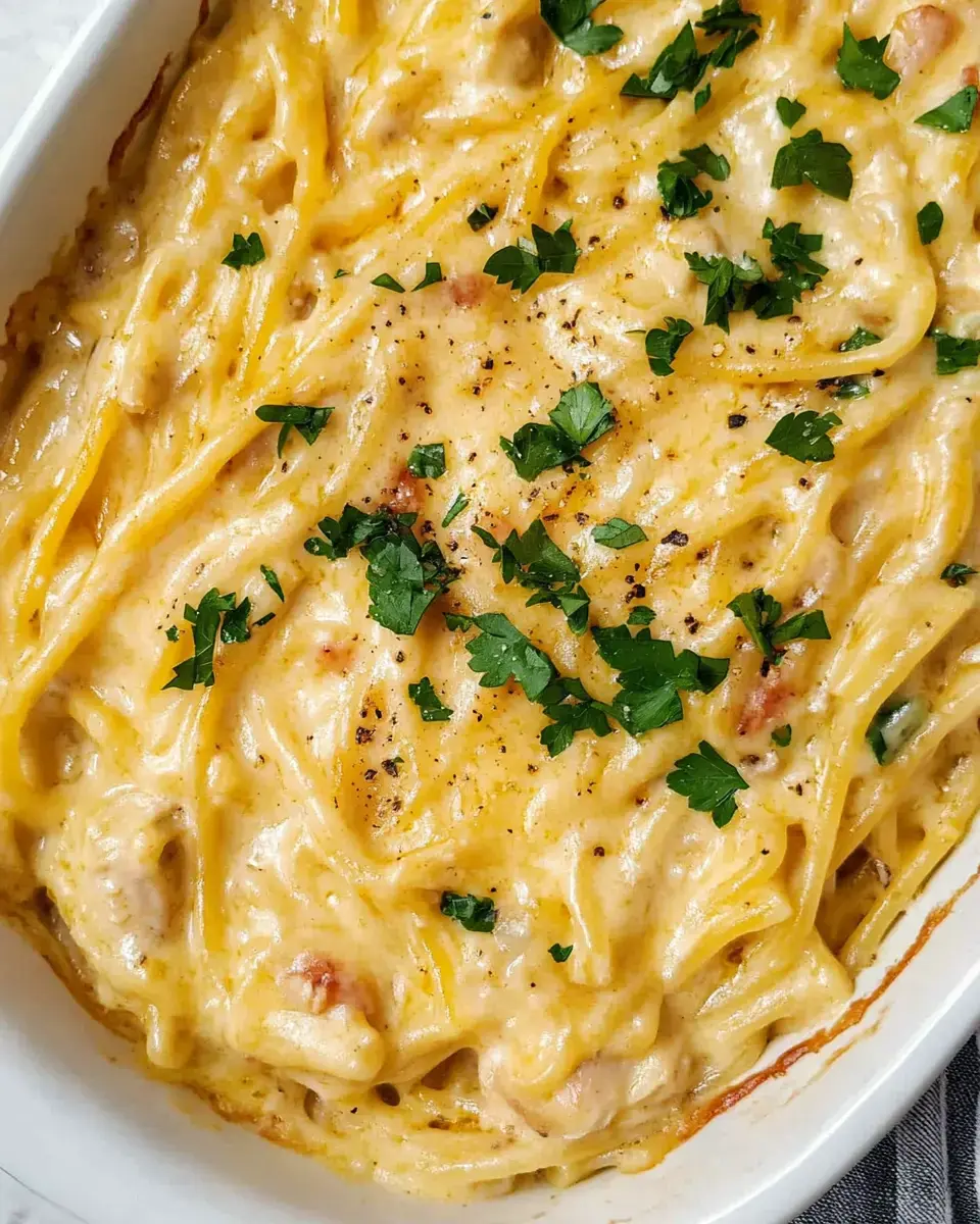 A creamy pasta dish topped with fresh parsley and black pepper, displayed in a white baking dish.