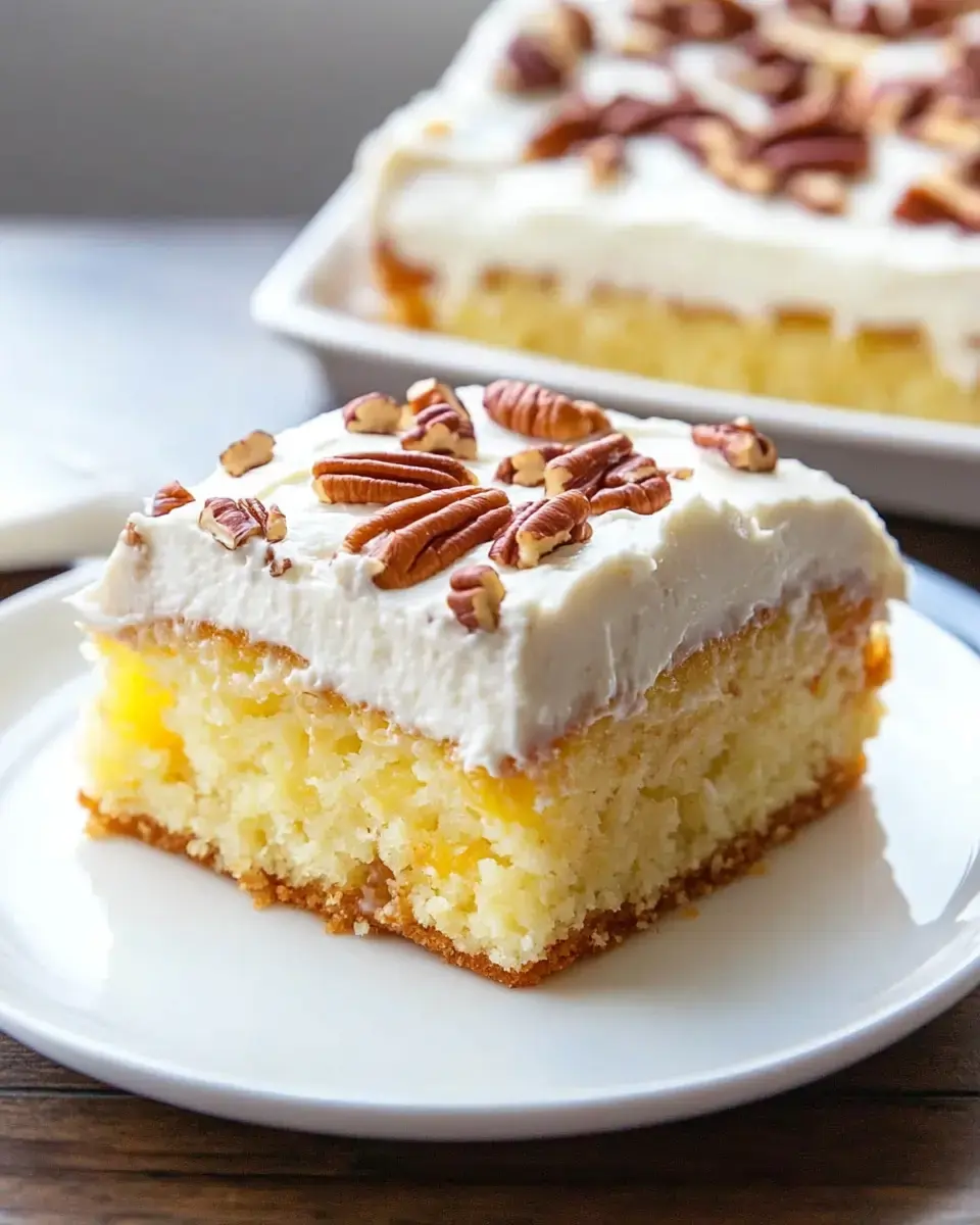 A piece of juicy cake with rich frosting and scattered pecans, presented on a simple white dish.