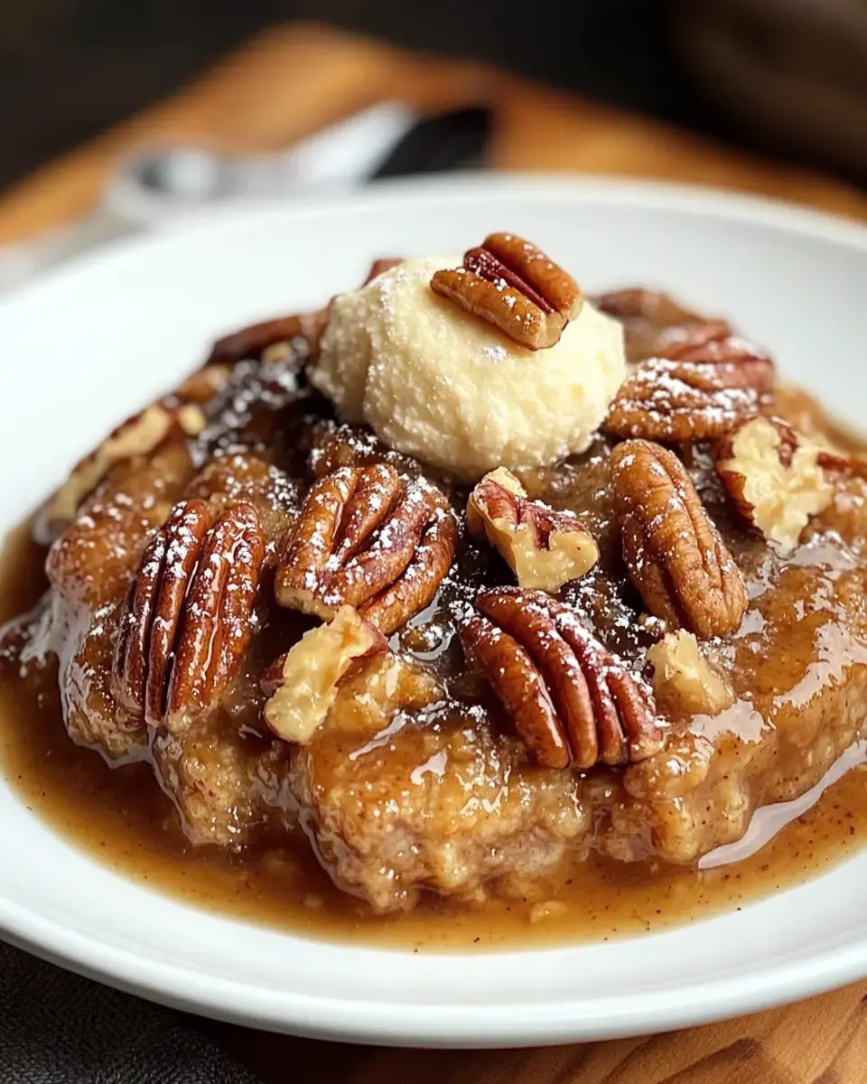 A warm dessert sprinkled with pecans and topped with cream, on a white plate with syrup drizzles.