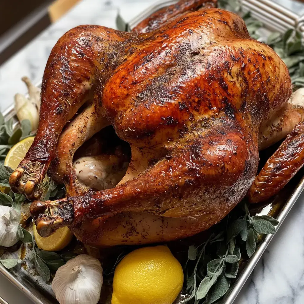 A beautifully roasted turkey garnished with lemon, garlic, and fresh herbs on a serving tray.