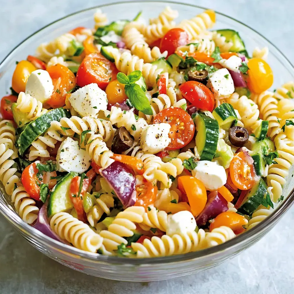 A colorful dish of spiral pasta tossed with mini tomatoes, fresh mozzarella balls, sliced cucumbers, black olives, chopped peppers, and green basil leaves.