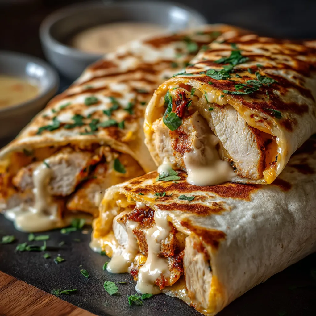 A burrito with cheese and sauce.