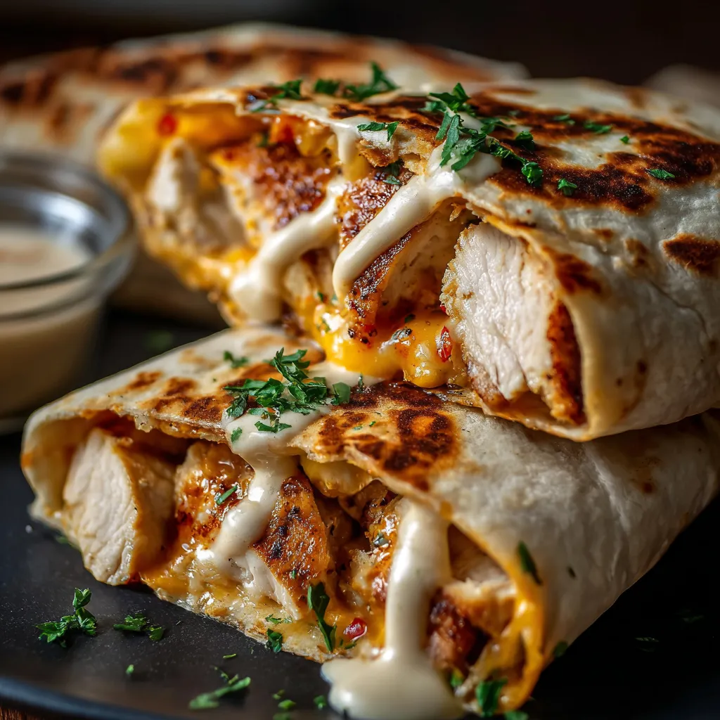 A plate of food with a white sauce on it.