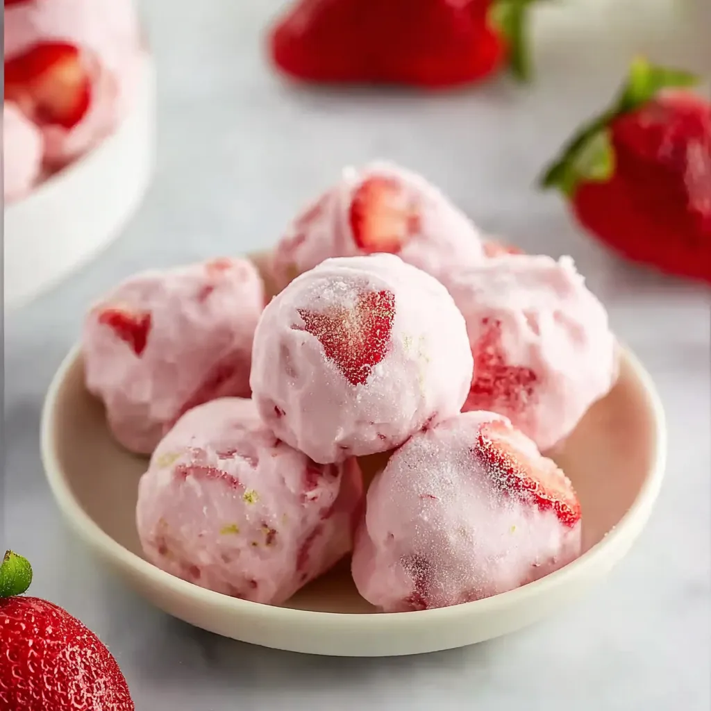 A bowl of pink frosted strawberry treats.