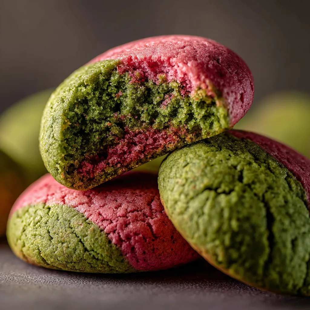 Green and red cookies stacked on top of each other.