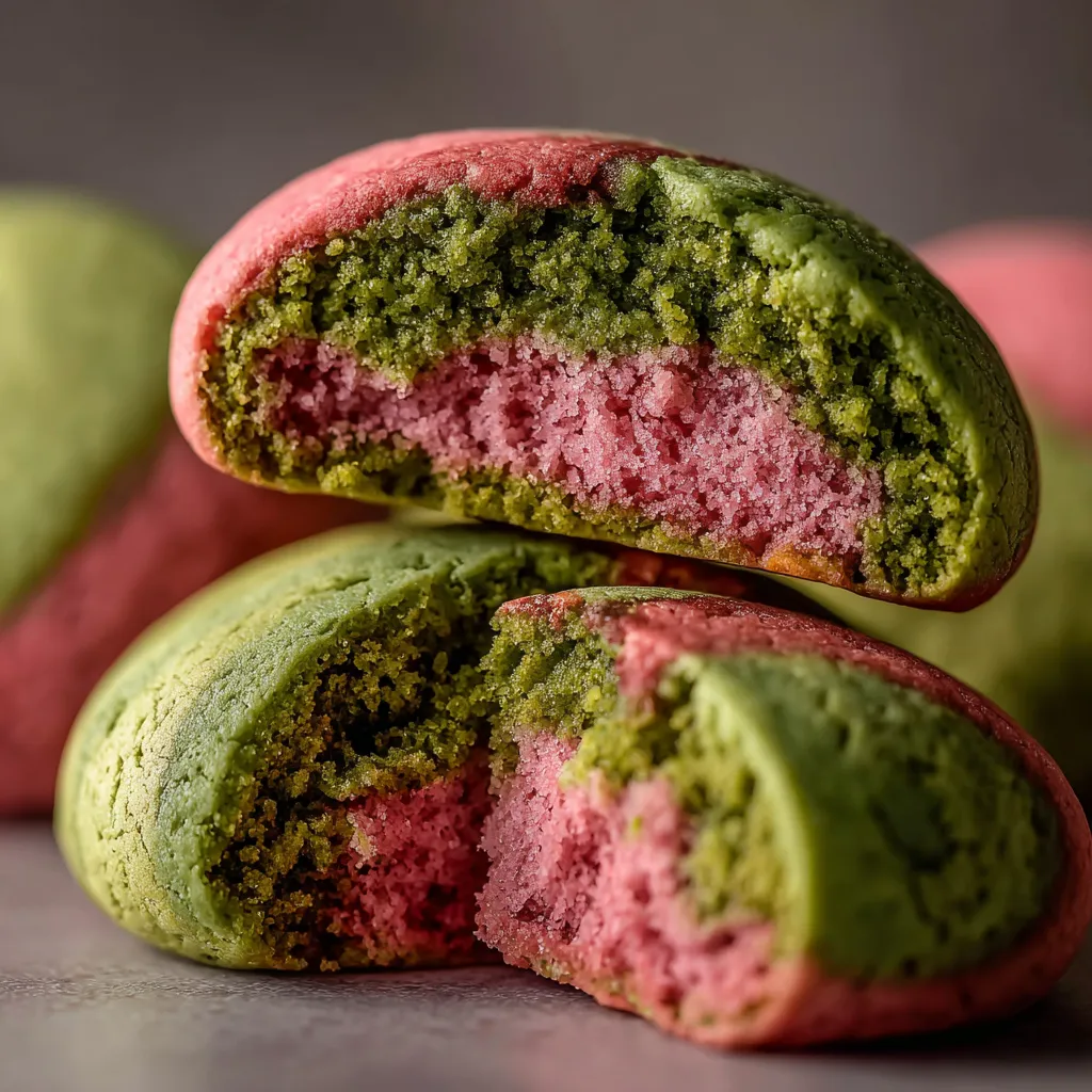 Green and pink cupcake with a bite taken out of it.