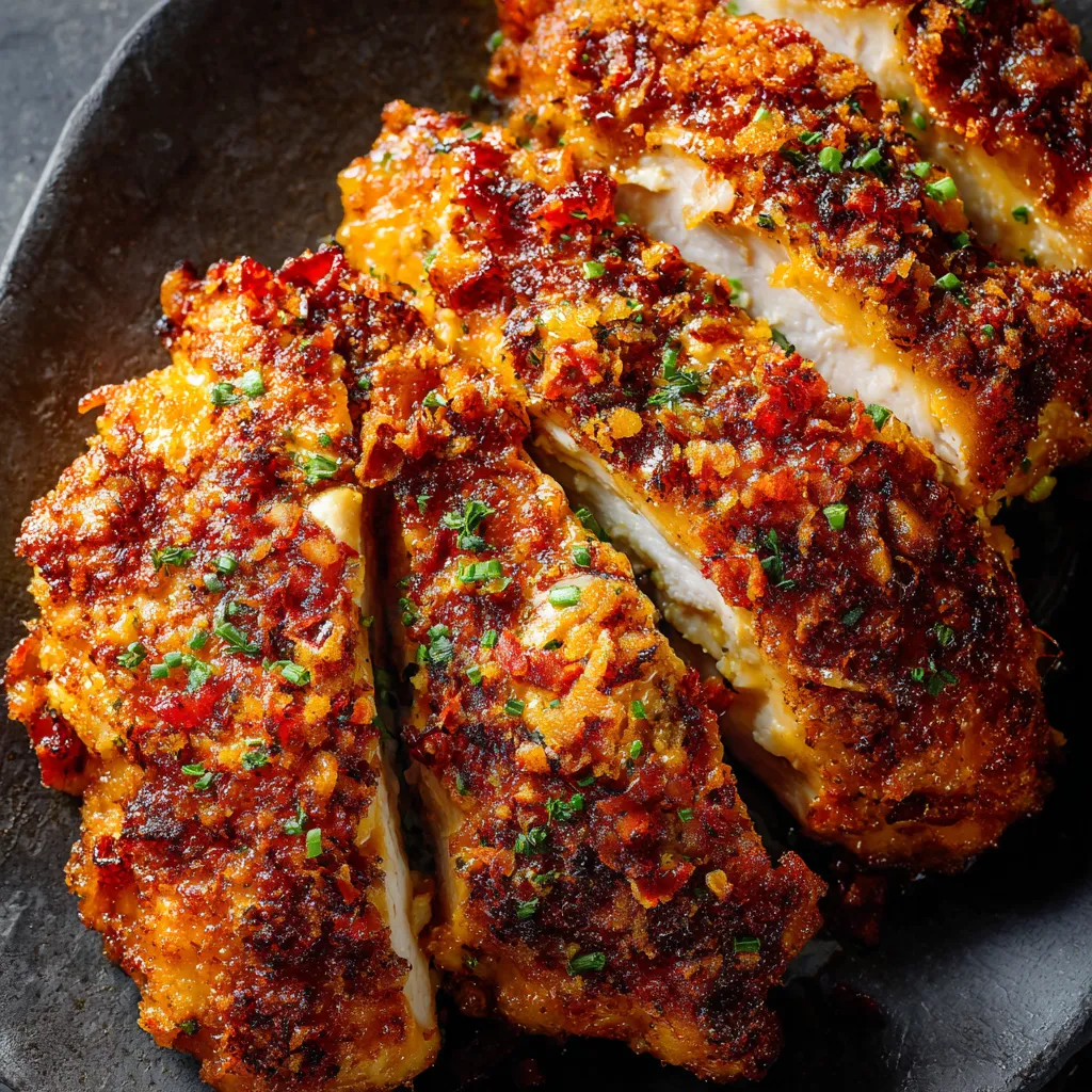A plate of chicken with a black background.