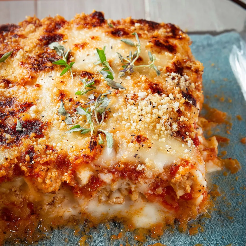 A slice of lasagna with cheese and herbs.