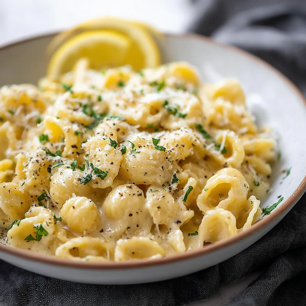 A bowl of macaroni and cheese with a lemon wedge on top.