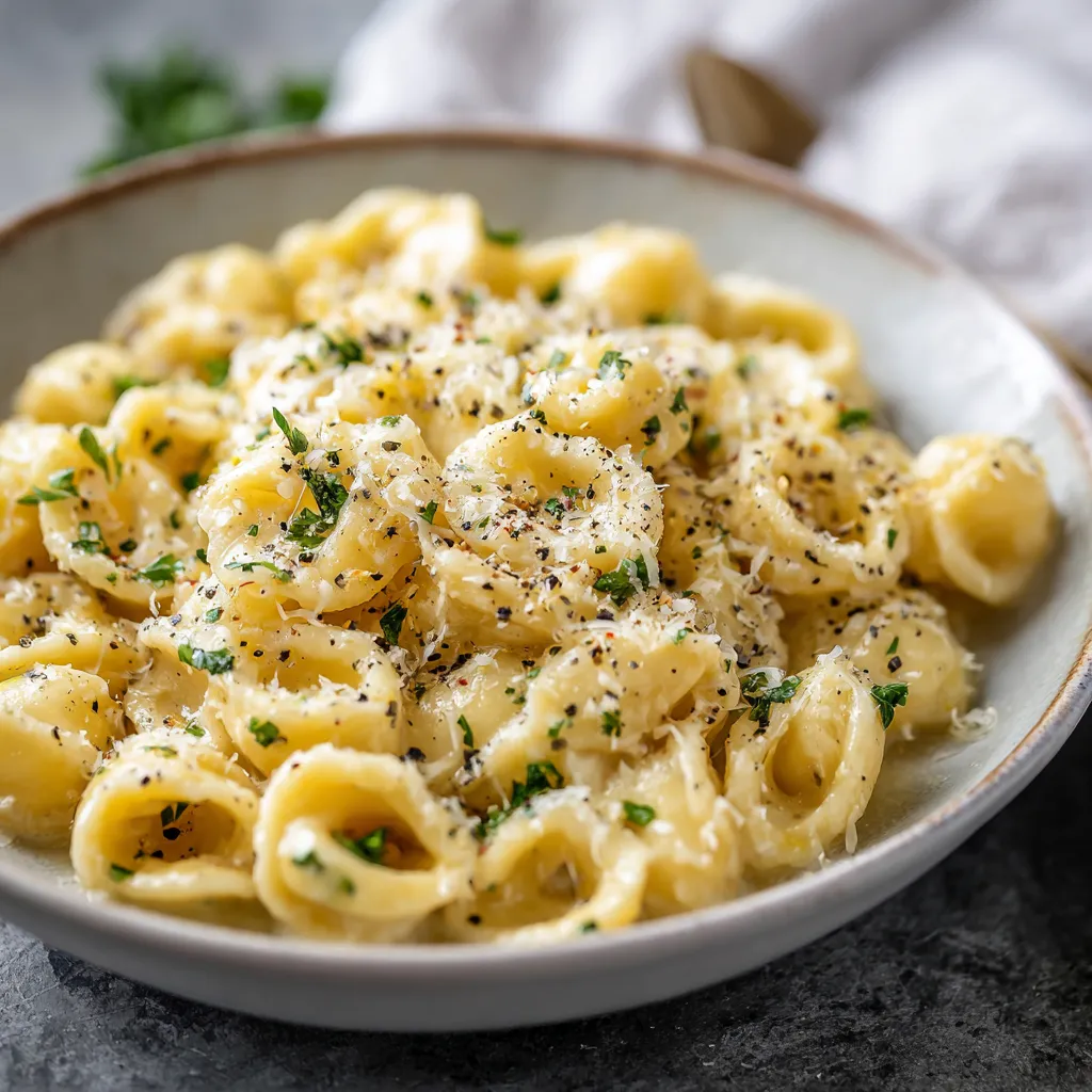 A bowl of pasta with cheese and herbs.