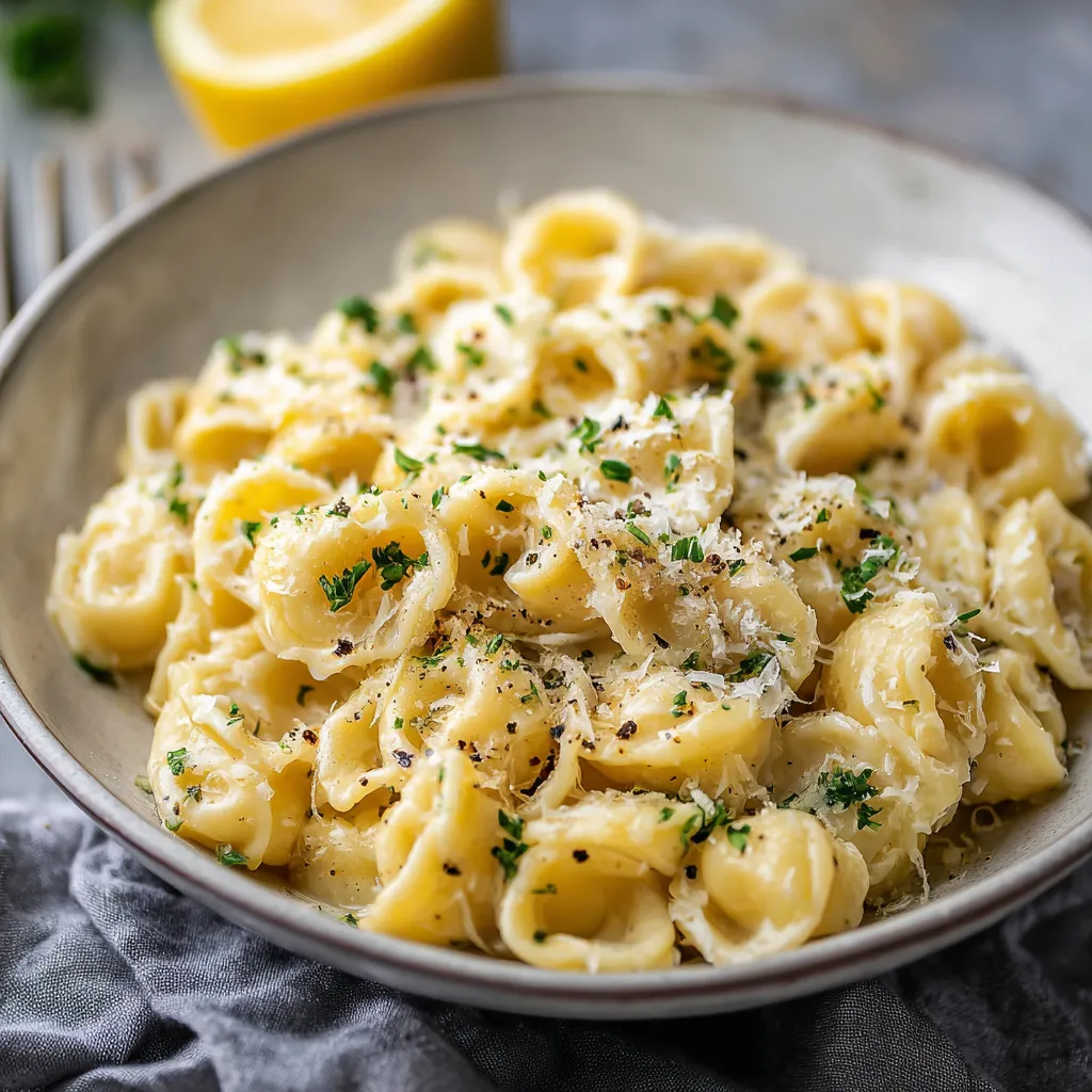 A bowl of pasta with cheese and herbs.