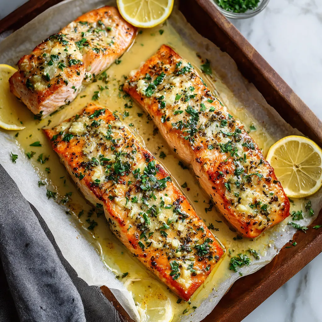 A wooden tray with two pieces of fish on it.
