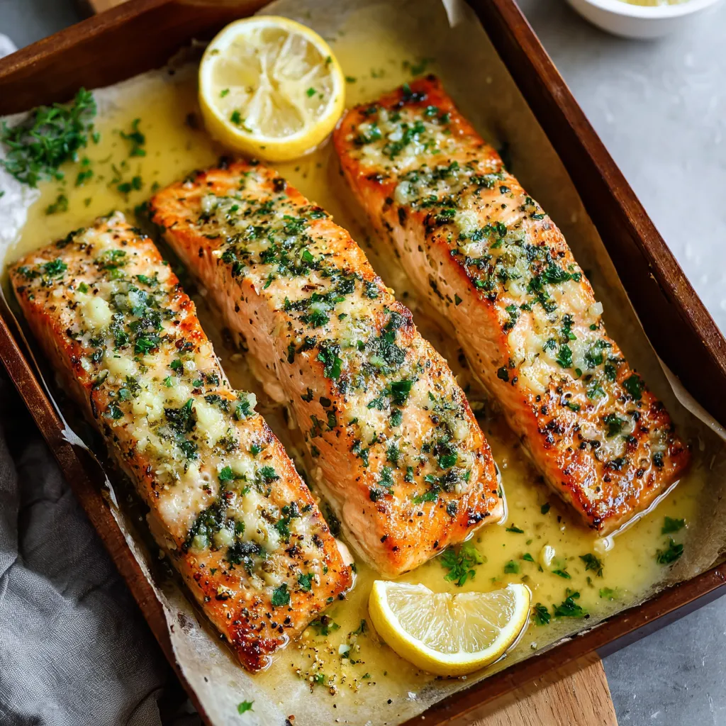 A wooden tray with fish and lemon wedges.
