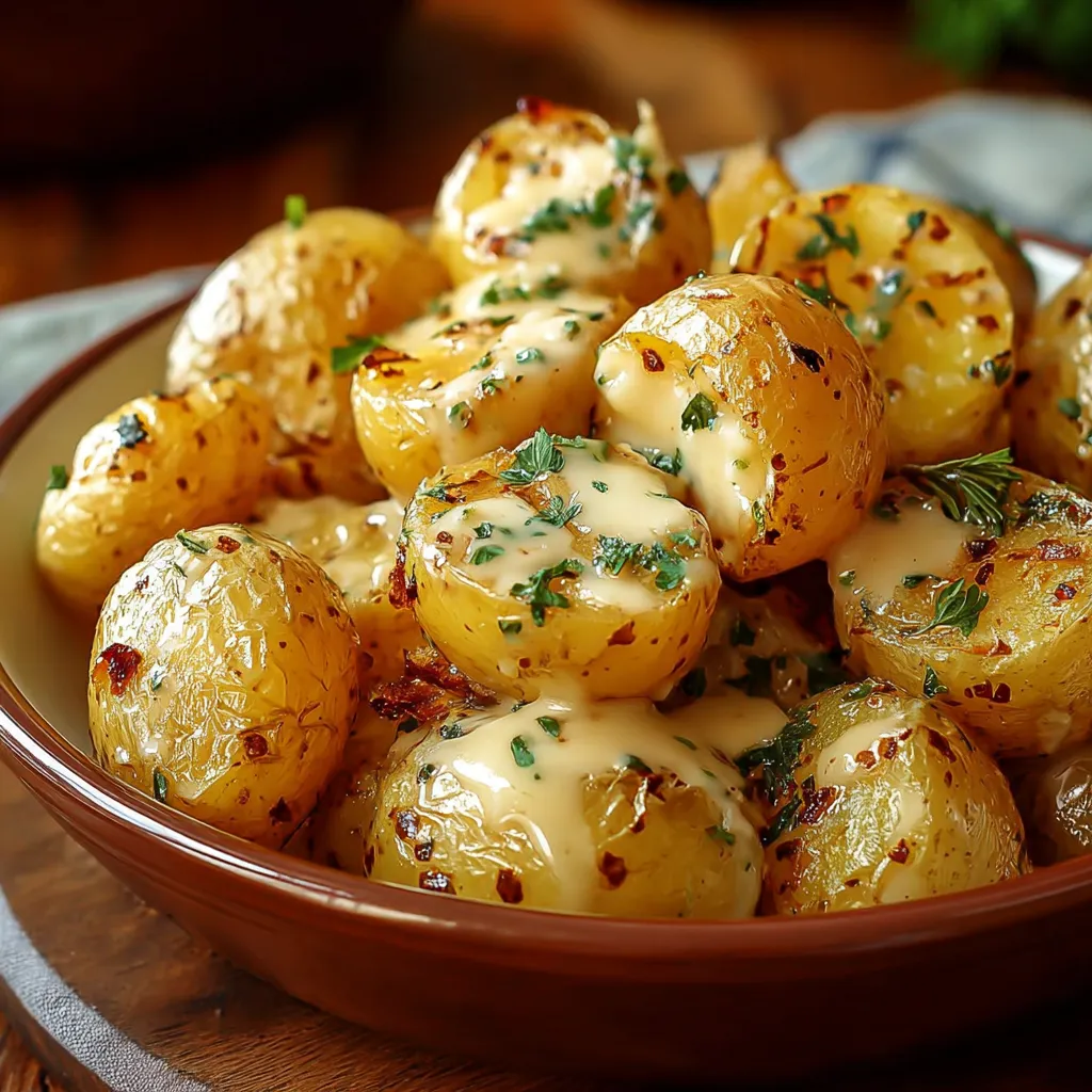 A bowl of potatoes with cheese and herbs.