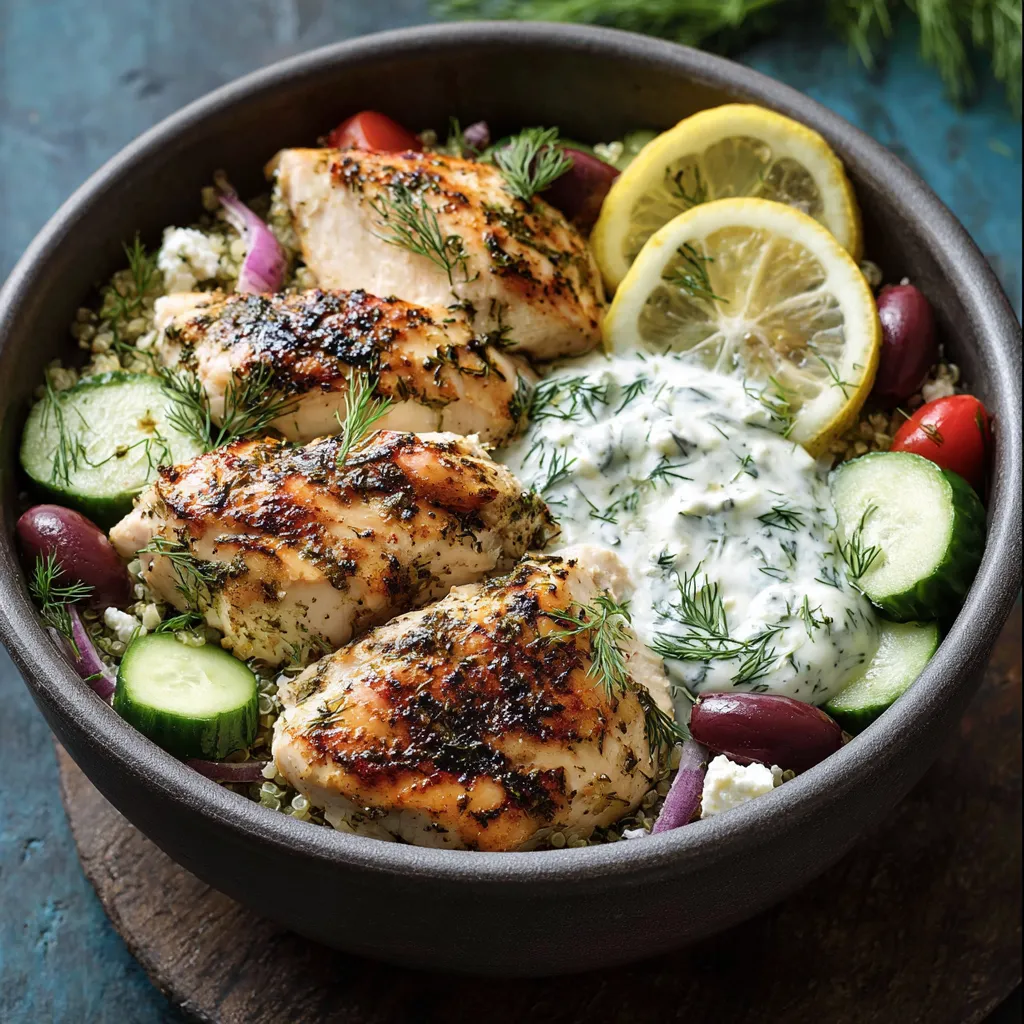A bowl of food with chicken, cucumbers, and lemon.