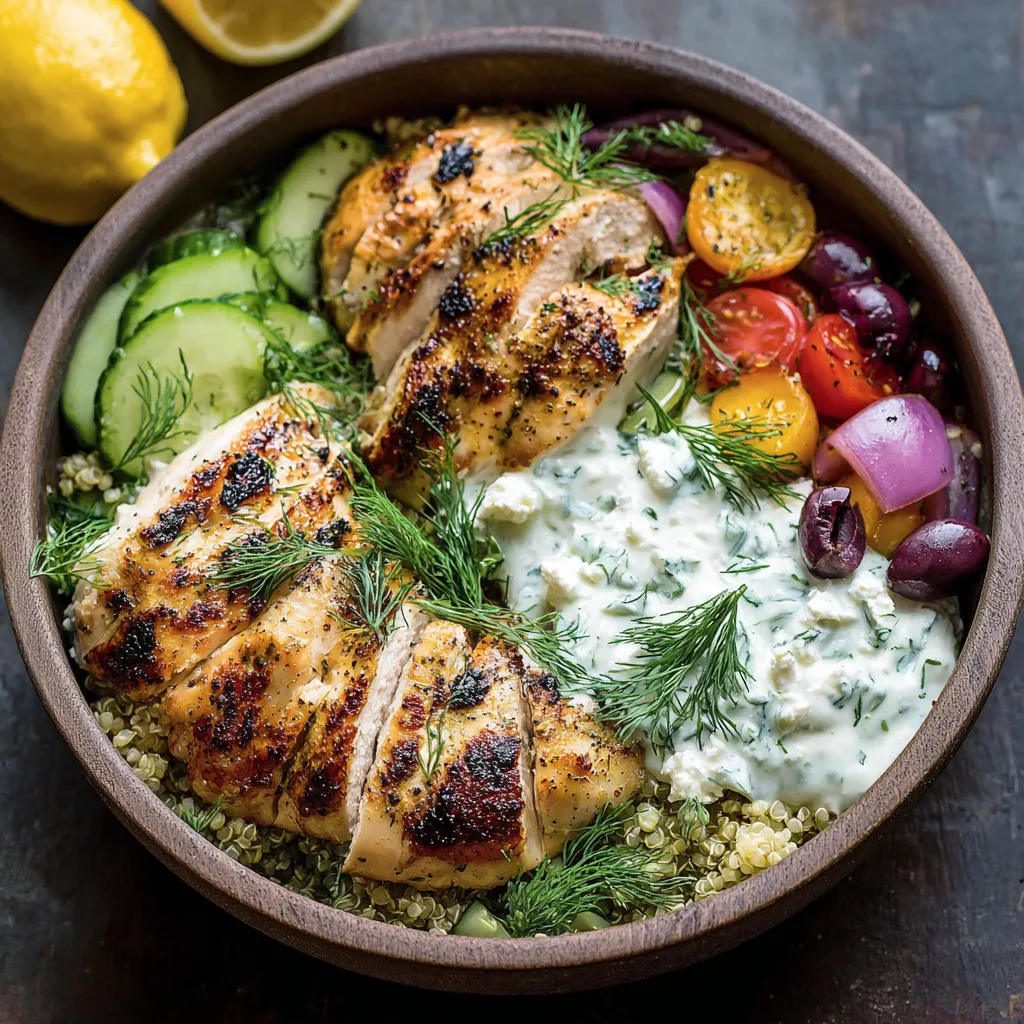 A bowl of food with chicken, tomatoes, cucumbers, and lemon.